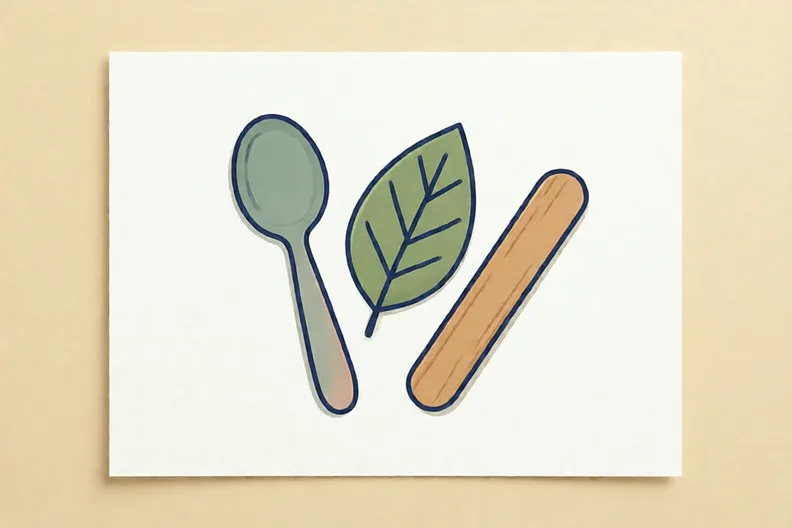 A spoon, a leaf and a lolly stick on a sheet of white paper