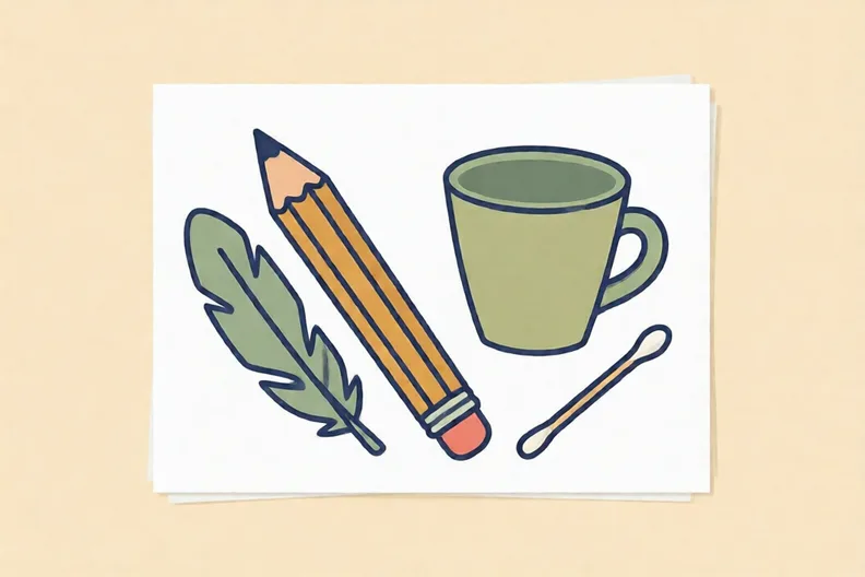 A pencil, a feather, a cup and a cotton bud on a white sheet