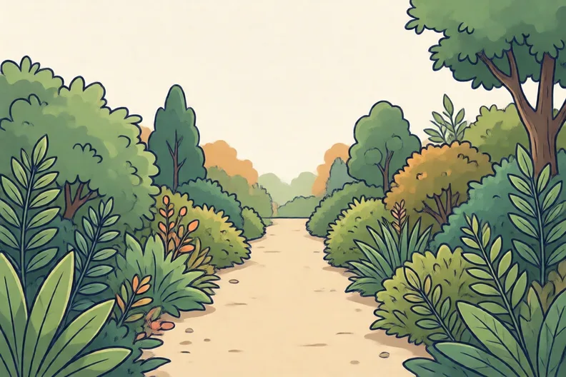 A garden path lined with bushes and plants in many shades of green