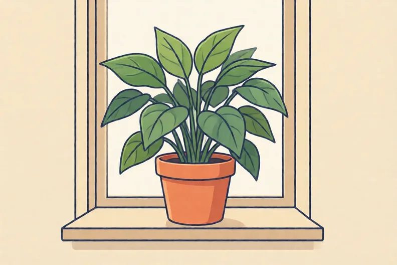 A leafy plant in a pot with green leaves in several shades, against a plain background