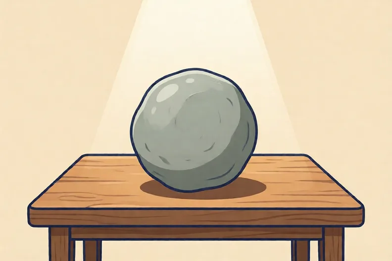 A round ball of grey clay on a wooden table, lit from directly above