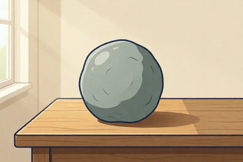 A round ball of grey clay on a wooden table, lit from the left
