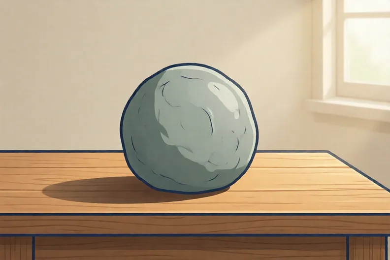 A round ball of grey clay on a wooden table, lit from the right
