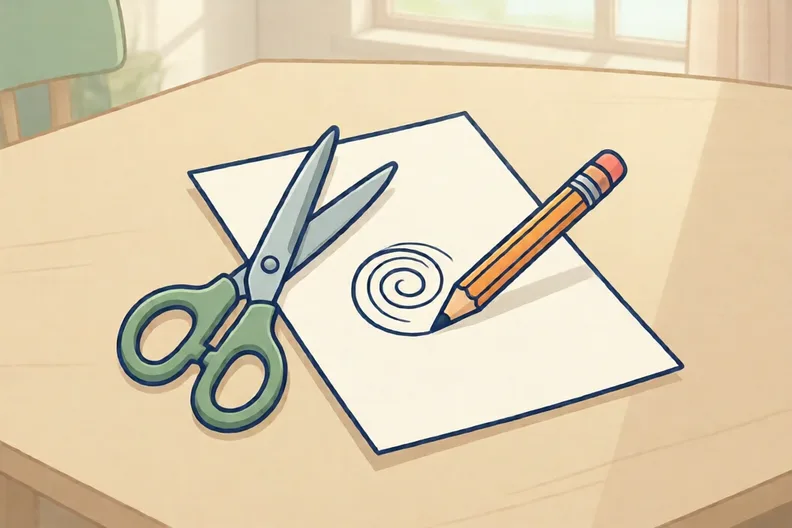 Scissors beside a sheet of plain paper with a pencil spiral drawn on it