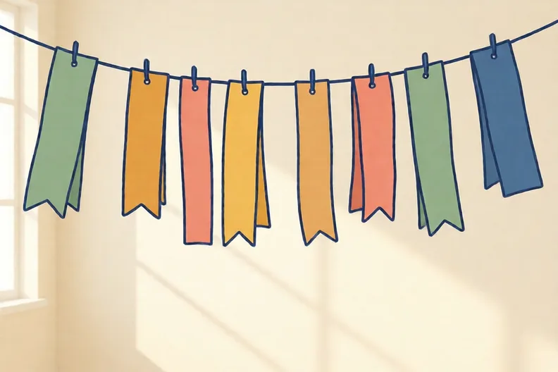 Thin paper strips hanging from a string in a sunny room