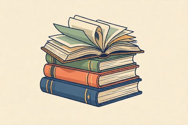 A stack of old hardback books with plain covers and one book open