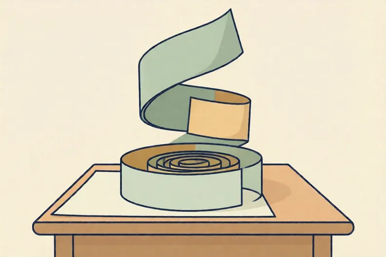 A sheet of plain paper with a spiral cut through it, opened into a looping shape above a table