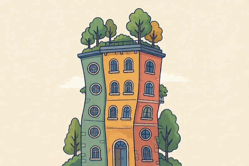 A tall painted building with wobbly walls, round windows and small trees growing on the roof