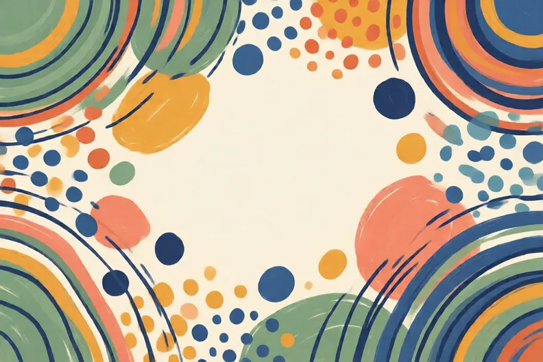 A close-up of a painted wall with swirls, stripes and dots in warm and cool colours
