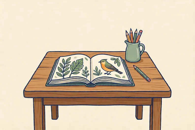 A library book open on a wooden table beside a jug of pencils