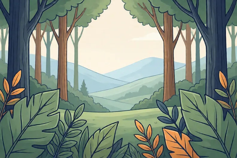 Big leaves at the bottom, tall trunks in the middle, and pale hills at the top.