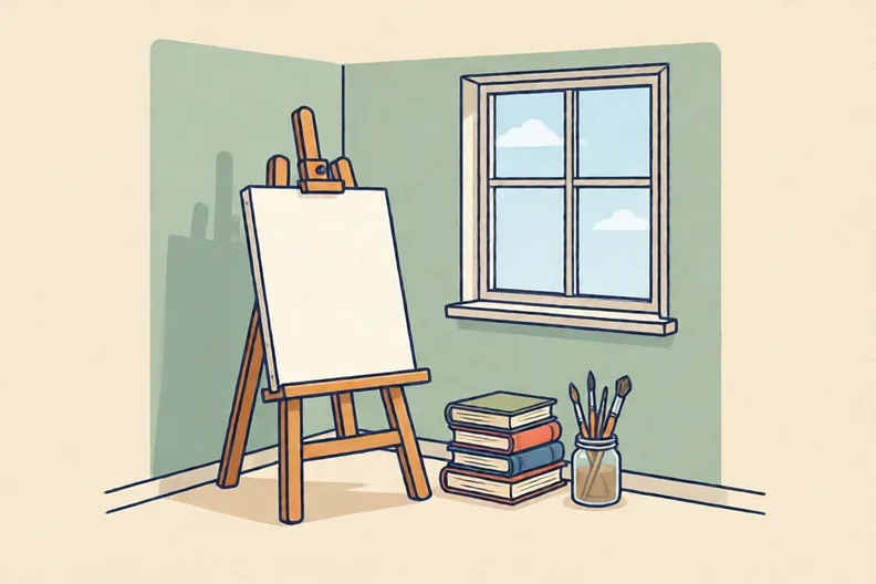 An easel and a stack of books in a quiet room