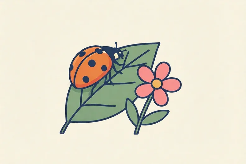A ladybird on a green leaf beside a small pink flower
