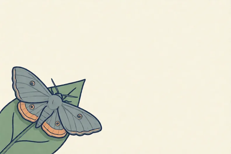 A grey moth resting on the edge of a leaf in the lower left corner of a page
