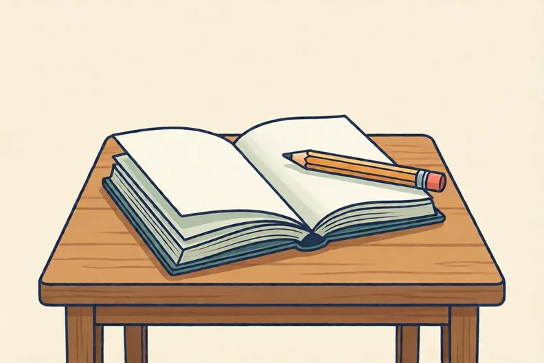 An open sketchbook with a pencil lying across a blank page