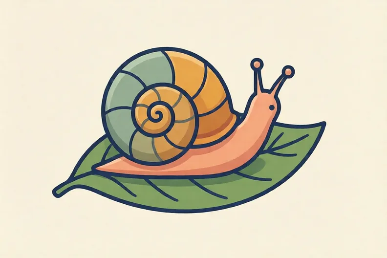 A garden snail shell with spiral lines on a green leaf