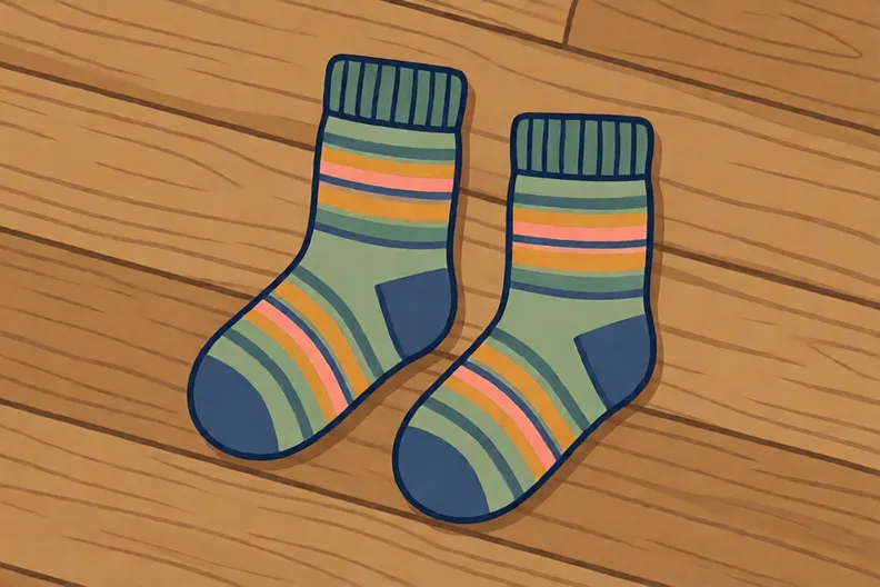 A pair of striped socks laid flat on a wooden floor