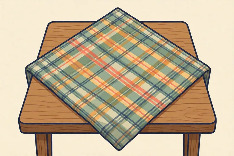 A checked tablecloth laid flat on a wooden table