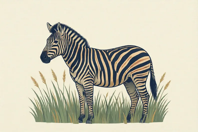 A zebra standing side on in long grass, with dark stripes across its body