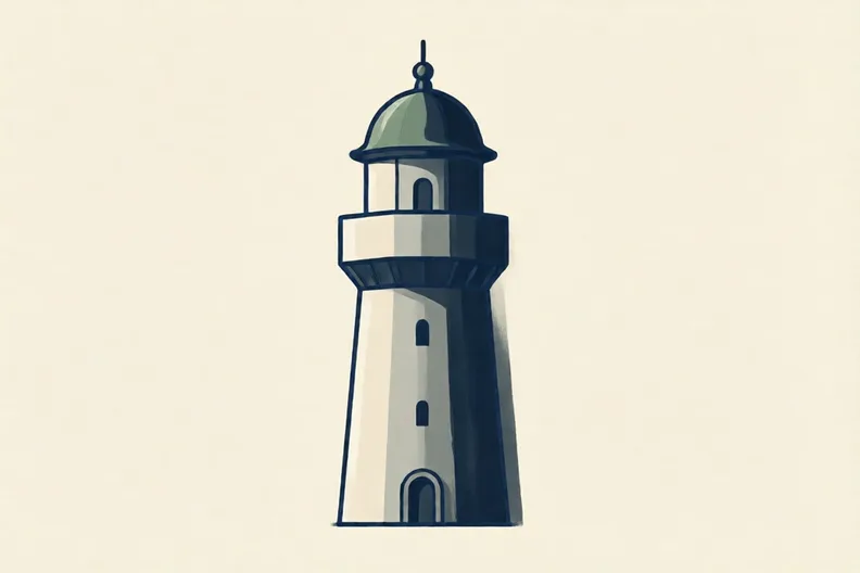 A tall charcoal tower with a pale lit side and a dark shaded side