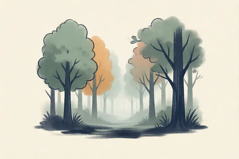 A misty charcoal forest with soft smudged trees and dark shadows at the base
