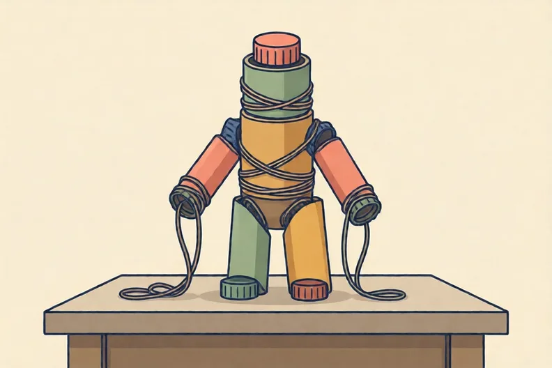 An assembled sculpture of card tubes, bottle tops and string standing on a table