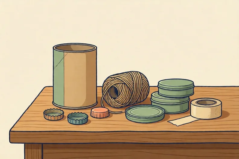 A still-life of a cardboard tube, bottle tops, string, tin lids and sticky tape on a wooden table