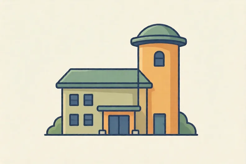 A small school with a plain front block and a tall round tower beside it