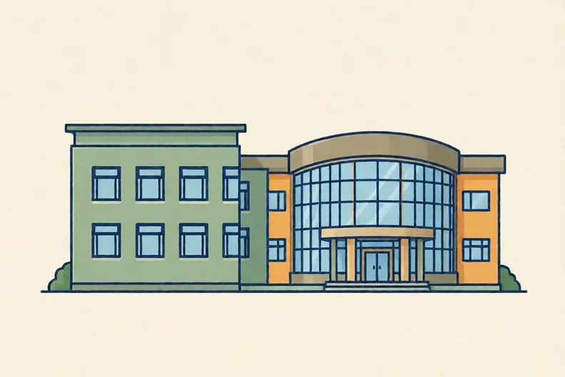A plain rectangular school block next to a school with a curved roof and wide windows