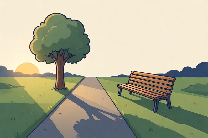 A park path with a tree and a bench, with long shadows on the grass