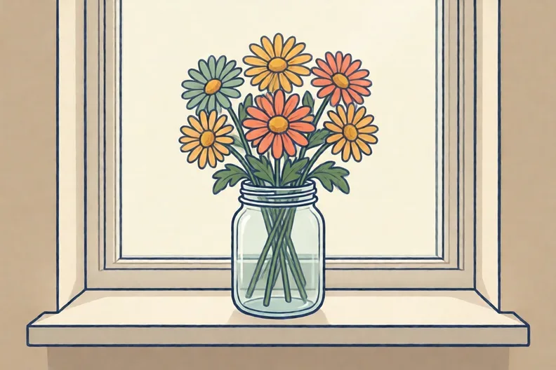 A small bunch of daisies in a jar on a windowsill, flat illustration