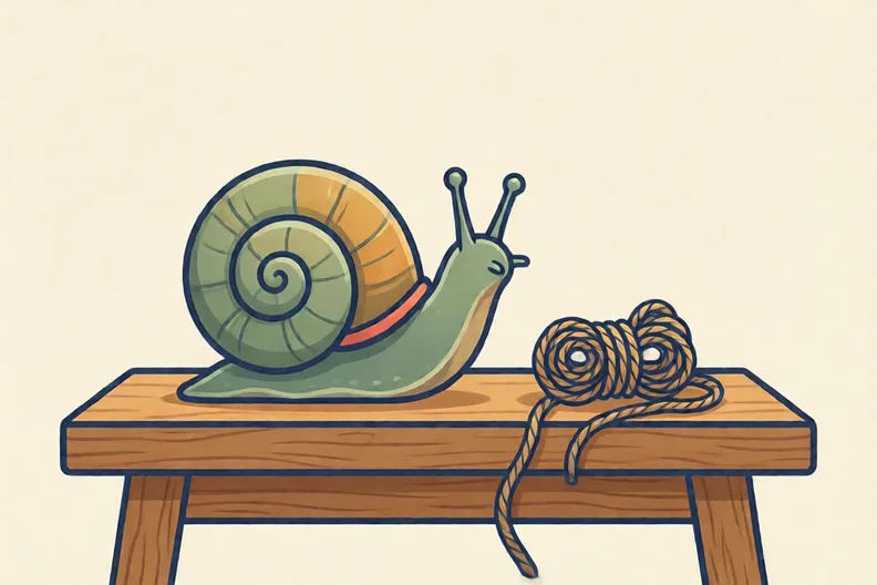 A coiled snail shell and a loose piece of string on a table