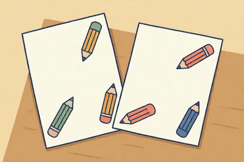 Two sheets of plain paper with pencil shapes in different places
