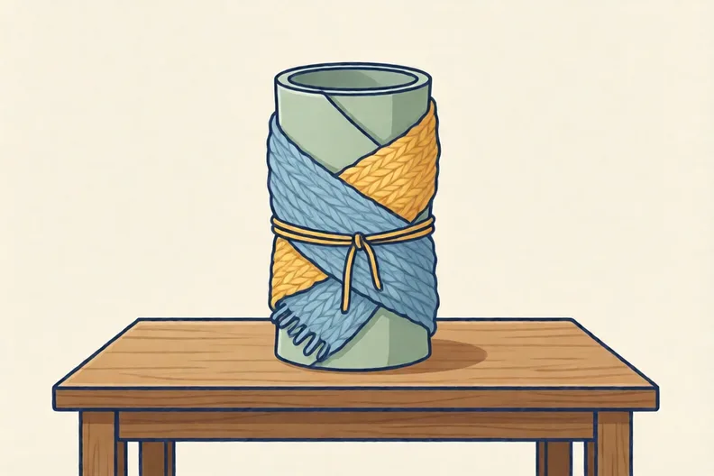 A tall paper tube wrapped in soft blue and yellow wool, standing still on a table