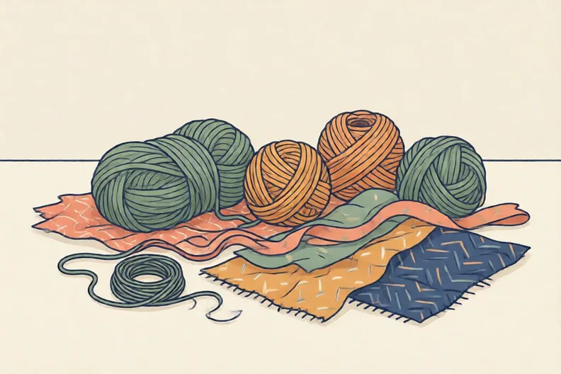 Scraps of wool, ribbon, string and fabric laid out on a table