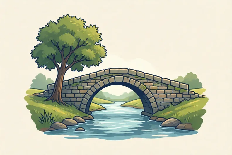 A small stone bridge over a slow river, with a tree on the bank