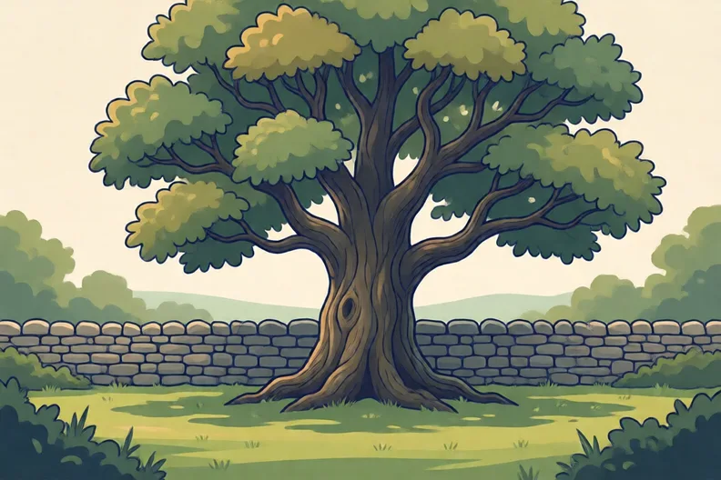 A large old oak tree standing on a village green beside a low stone wall
