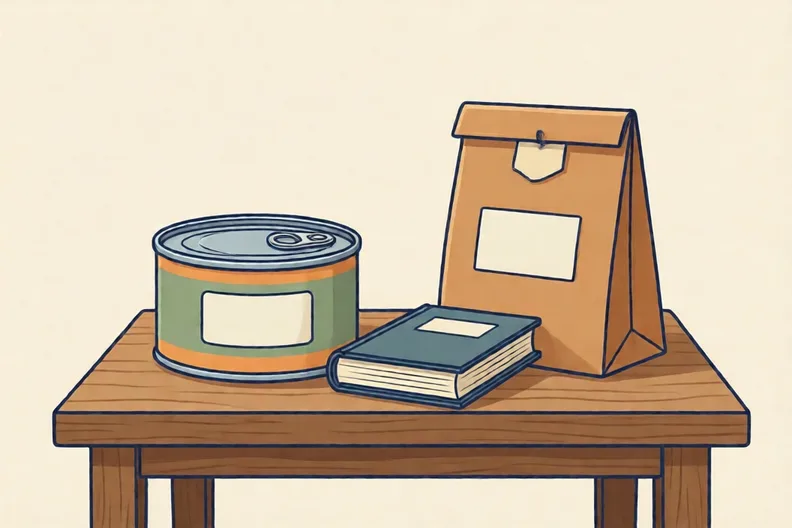 A food tin, a paperback book and a paper bag on a wooden table