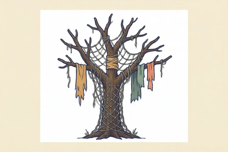A bare branch wrapped in old netting and torn, faded fabric strips