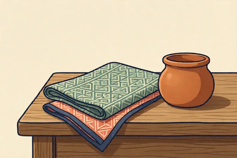 A folded patterned cloth beside a small clay pot on a table