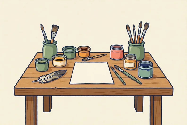 A wooden workbench with pots of paint, brushes and a single feather
