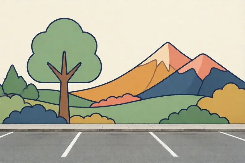 A bright tree mural on a tidy town car park wall