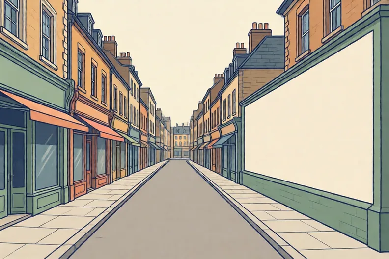 A long blank wall on a busy high street with shop fronts