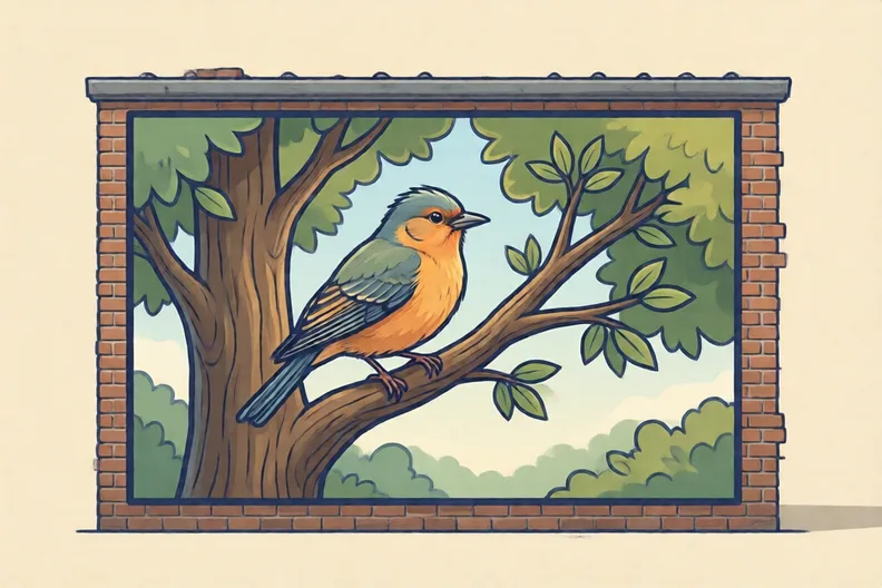 A brick wall in a town with a bright painted bird and tree, no people