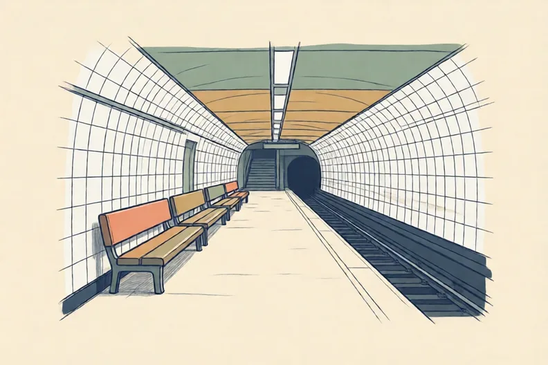 An empty underground platform with curved white tiled walls