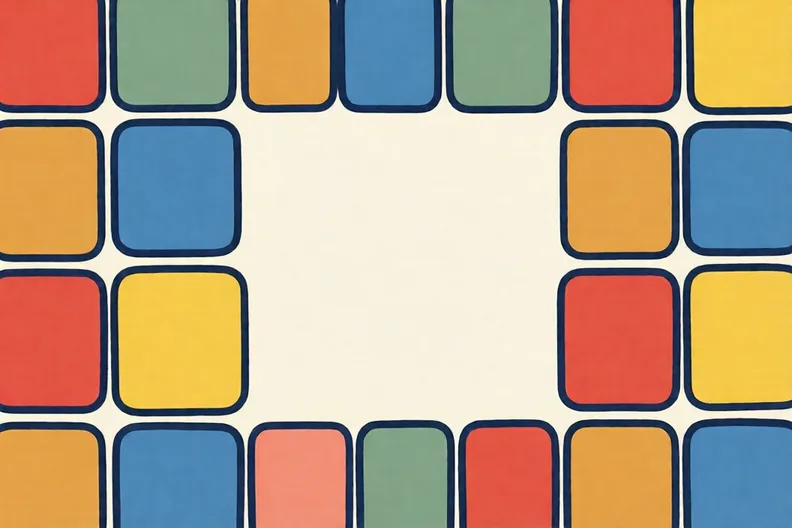 Flat blocks of red, yellow and blue with thick black outlines, like a simple wall pattern