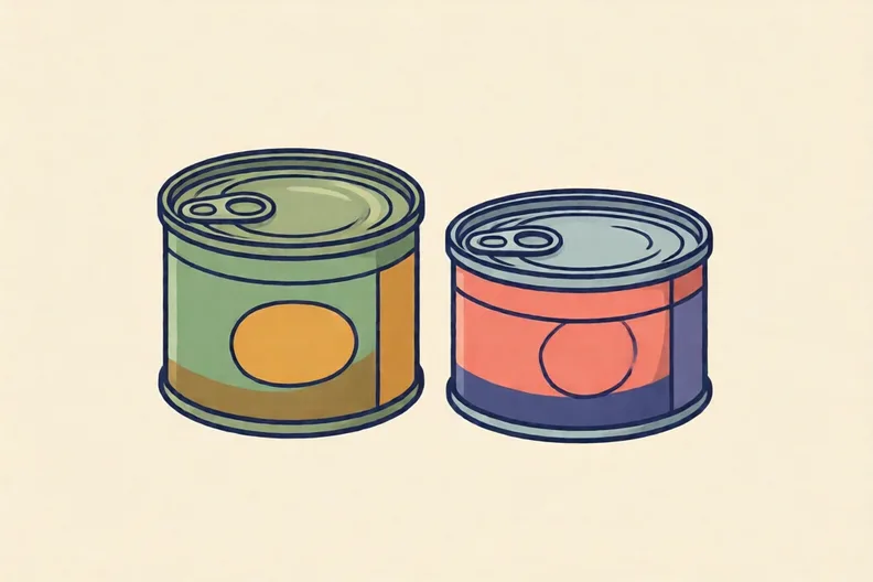 Two plain tins side by side in bright flat colours, drawn simply