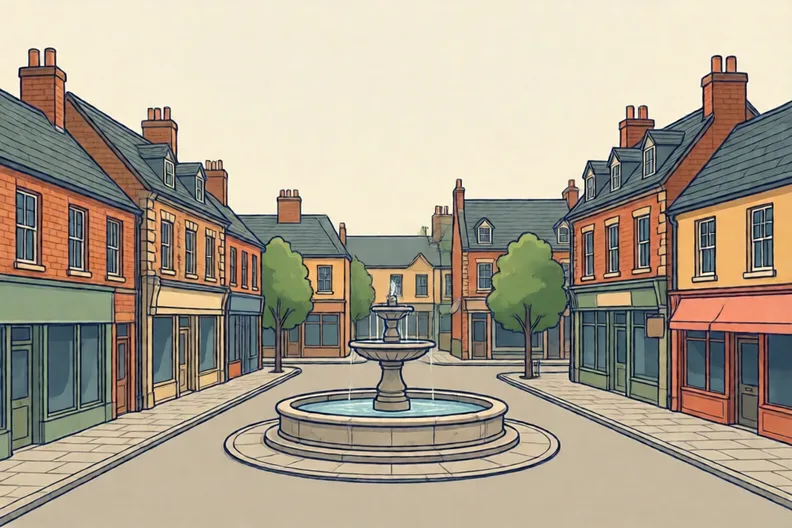 A small town square with a fountain, shop fronts and tall brick buildings, with no people