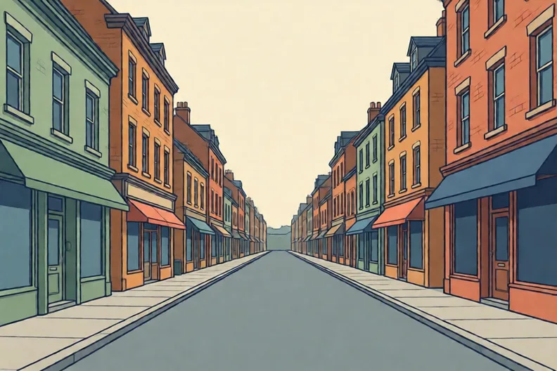 A town street drawn in perspective with no people