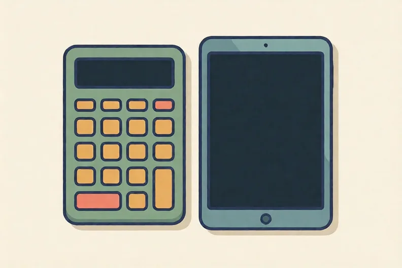 A calculator and a tablet with blank dark screens on a plain background.